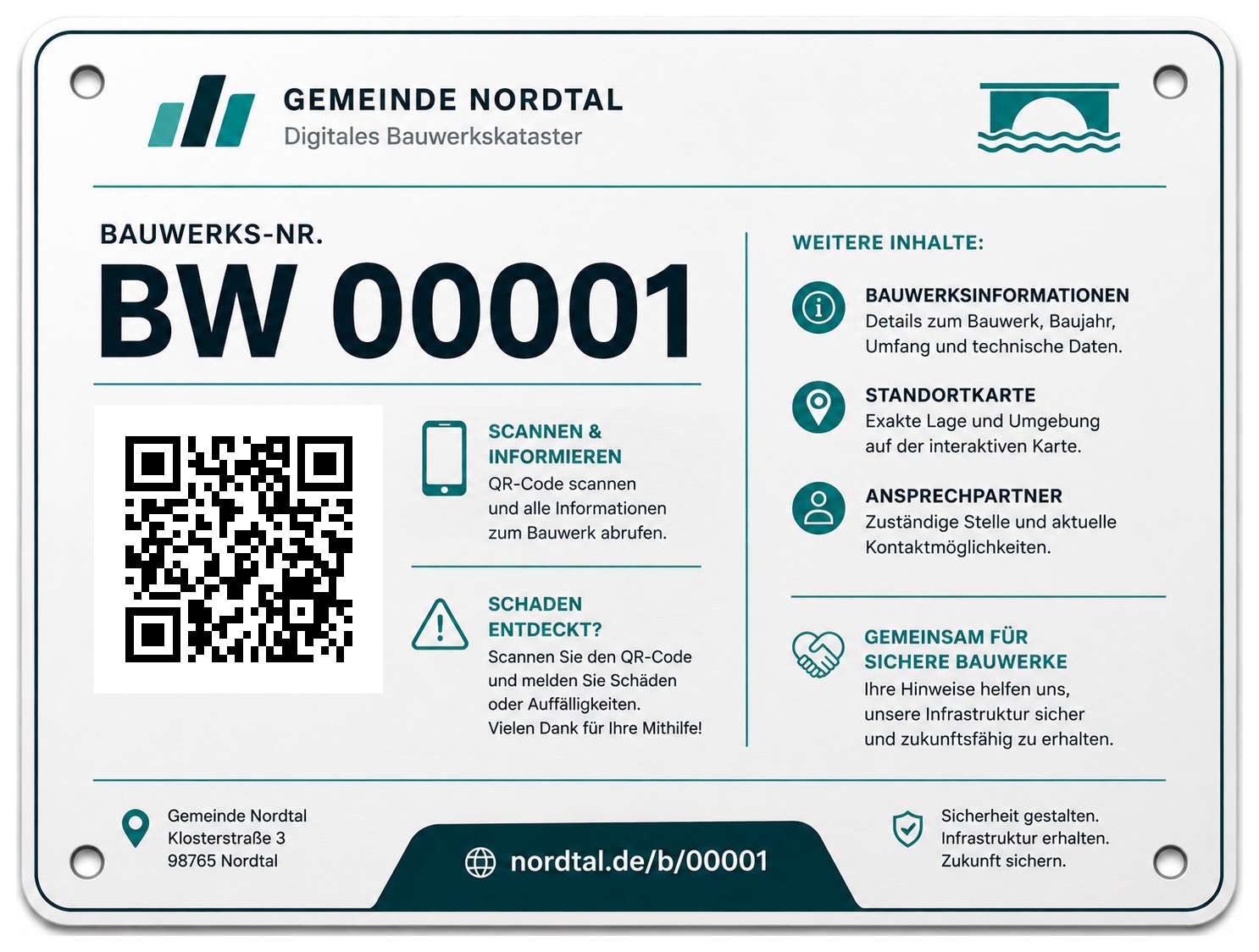 Informationsschild der Gemeinde Nordtal im Querformat 20 mal 15 Zentimeter